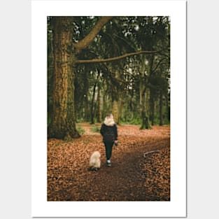 Woman Walking With Her Dog in The Woods Posters and Art